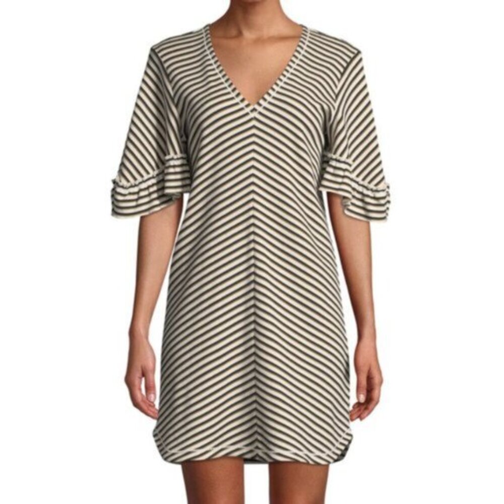 See by Chloe Striped Flutter-Sleeve V-Neck Mini Dress Size S Cotton‎ Designer